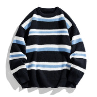 Zeimal Men Autumn Crewneck Loose Fashion Sweater Plus Fleece Thick Knit Color Matching Striped Line Sweater