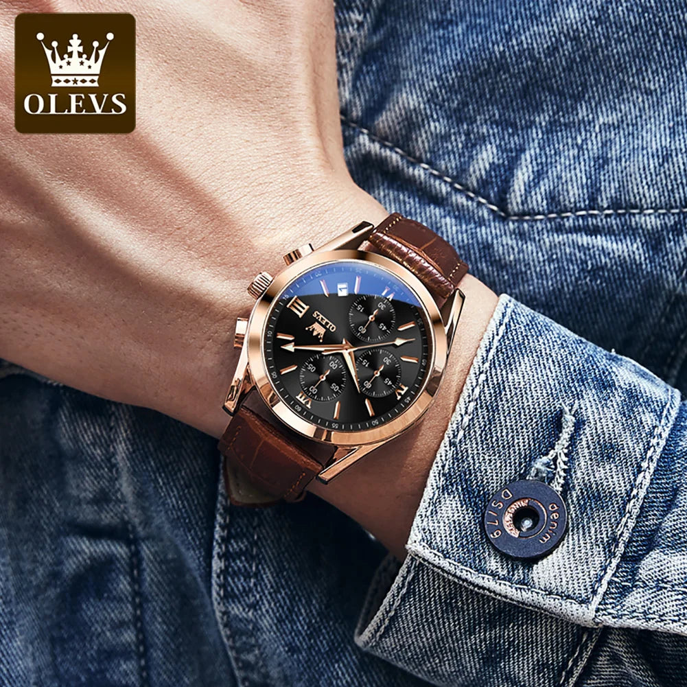 Olevs 2872 Luxury Three-Eye Belt Quartz Watch Stainless Steel Back Custom Wholesale China Men Watch Genuine Leather Strap Watch