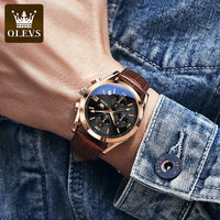 Olevs 2872 Luxury Three-Eye Belt Quartz Watch Stainless Steel Back Custom Wholesale China Men Watch Genuine Leather Strap Watch