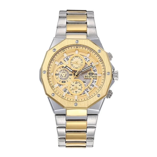 Original BESTWIN Men's Wrist Watches 2026 Top Brand Luxury Stainless Steel Chronograph Gold Men Quartz Watches for Male Clock Dropship