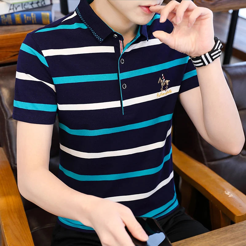 Zeimal Summer New Men's Short Sleeve T-shirt Striped Cotton Thin Business Lapel Polo Shirt