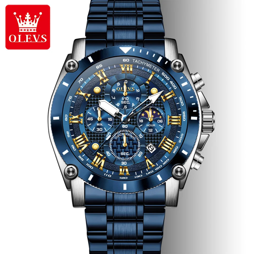 OLEVS 3689 Luxury Oem Odm Original Custom logo Stainless Steel Multi-function Chronograph Moon Phase Sports Quartz Watch for Man