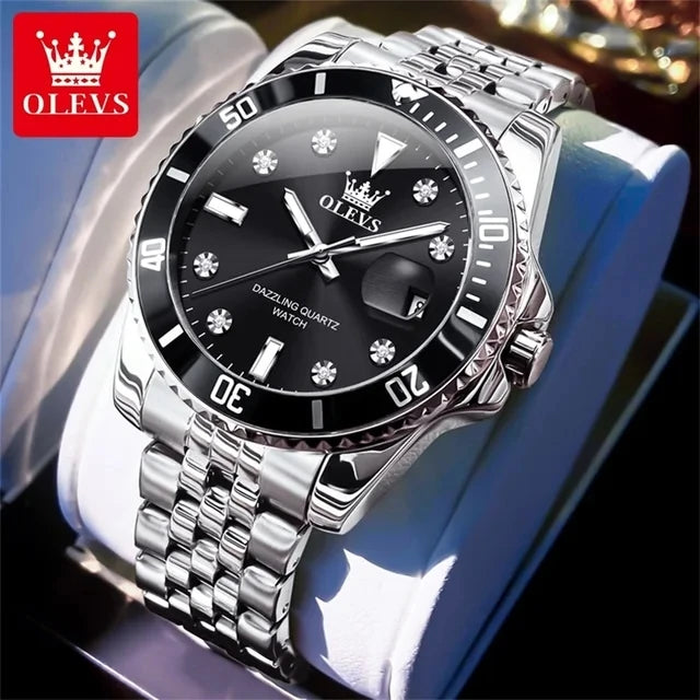 OLEVS 9809 Men's Fashion Business Stainless Steel Green Dial Calendar Display Auto Date Display Watch Charm Quartz Wrist Watches