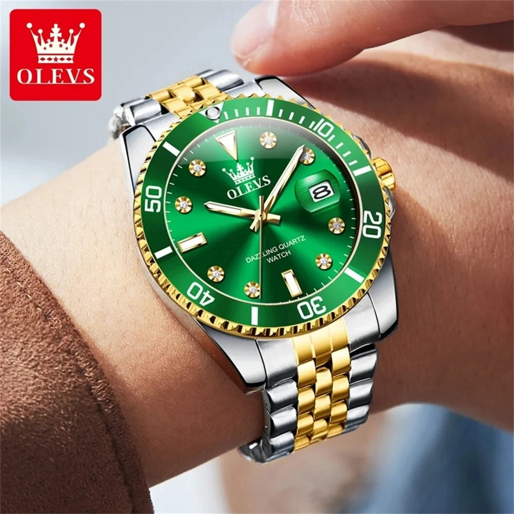OLEVS 9809 Men's Fashion Business Stainless Steel Green Dial Calendar Display Auto Date Display Watch Charm Quartz Wrist Watches
