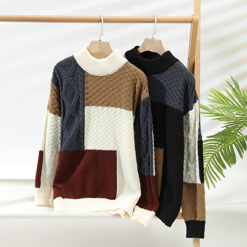 Zeimal Men Loose Fashion  Crewneck Sweater  Half Turtleneck Sweater