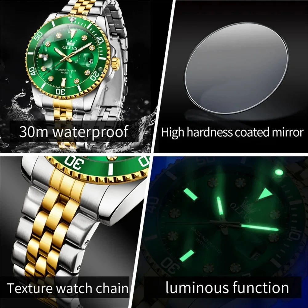 OLEVS 9809 Men's Fashion Business Stainless Steel Green Dial Calendar Display Auto Date Display Watch Charm Quartz Wrist Watches