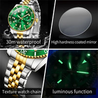 OLEVS 9809 Men's Fashion Business Stainless Steel Green Dial Calendar Display Auto Date Display Watch Charm Quartz Wrist Watches