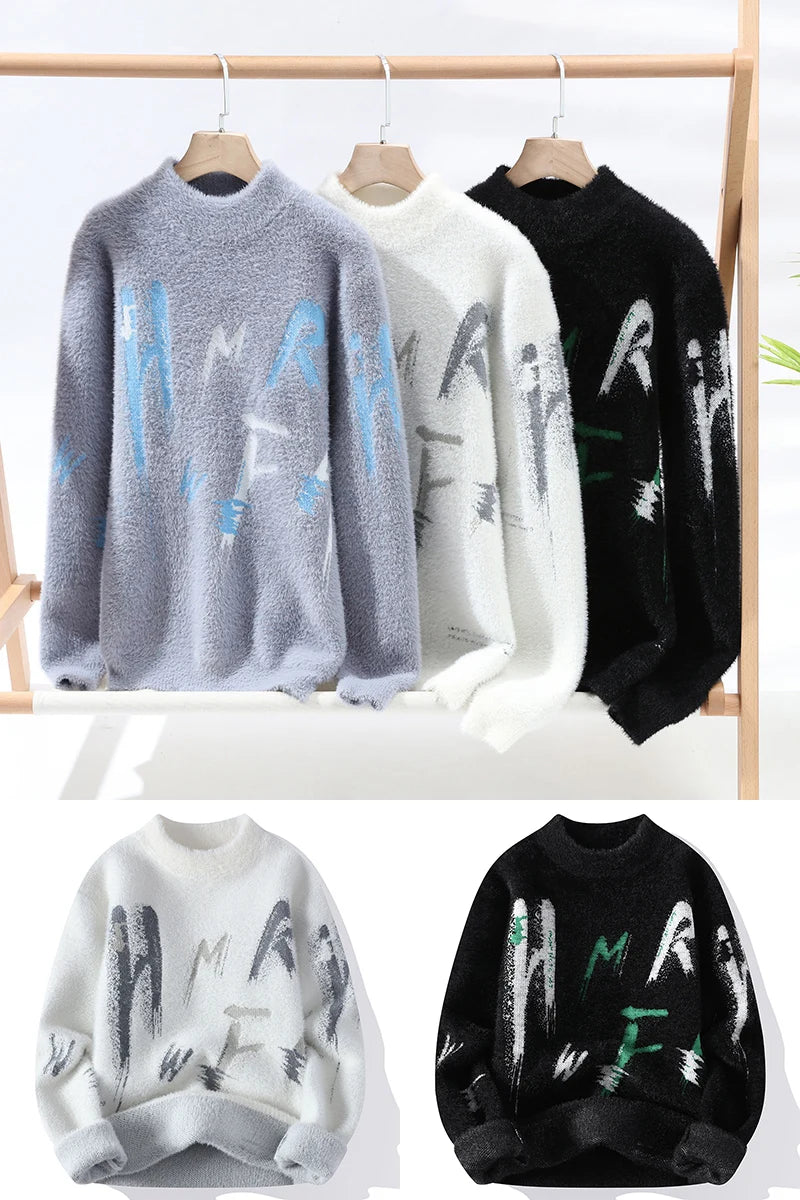 Zeimal Men Loose Fashion Adolescent Sweater Crewneck Half Turtleneck Sweater