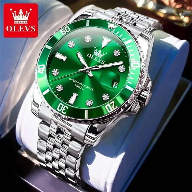 OLEVS 9809 Men's Fashion Business Stainless Steel Green Dial Calendar Display Auto Date Display Watch Charm Quartz Wrist Watches