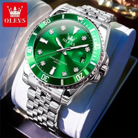 OLEVS 9809 Men's Fashion Business Stainless Steel Green Dial Calendar Display Auto Date Display Watch Charm Quartz Wrist Watches