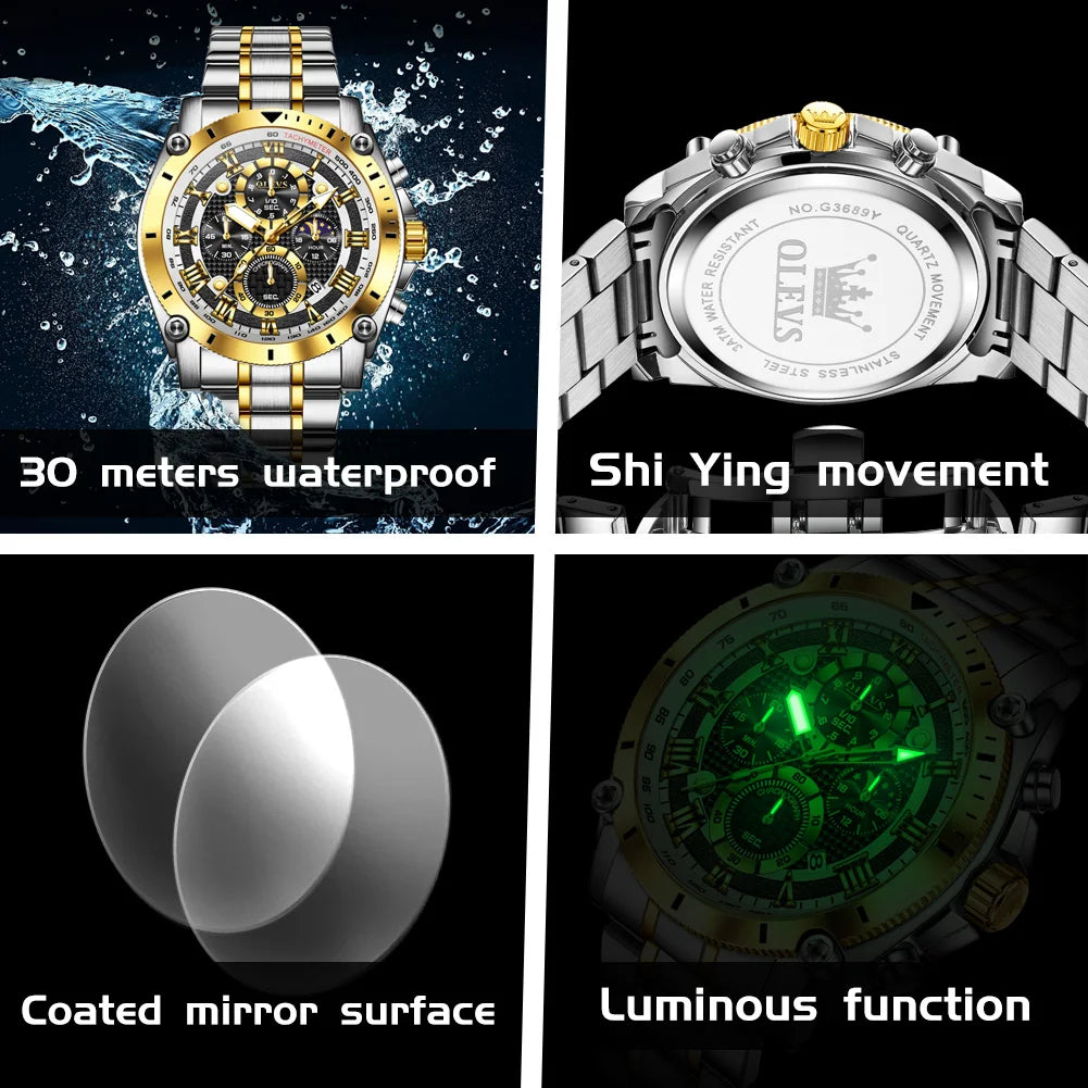 OLEVS 3689 Luxury Oem Odm Original Custom logo Stainless Steel Multi-function Chronograph Moon Phase Sports Quartz Watch for Man