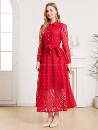 Elegant Women Vintage Party Dress Long Sleeve Turn-down Collar Luxury Casual Style Hollow Lace Vestidos Fashion Casual Clothing