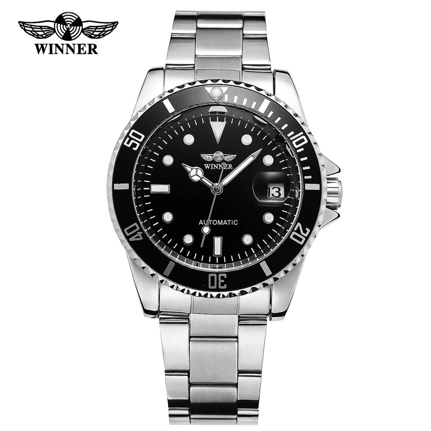 Mechanical Watches Winner Fashion Sport Clock Black Display Luminous Hands Silver Steel Corgeut Men's Automatic Top Brand Luxury
