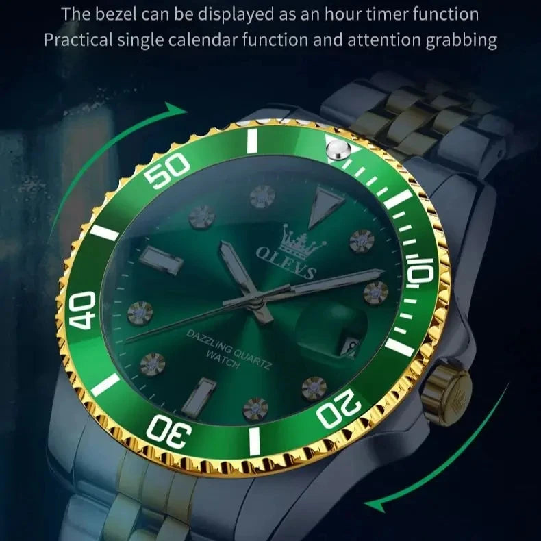 OLEVS 9809 Men's Fashion Business Stainless Steel Green Dial Calendar Display Auto Date Display Watch Charm Quartz Wrist Watches