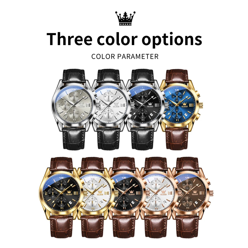 Olevs 2872 Luxury Three-Eye Belt Quartz Watch Stainless Steel Back Custom Wholesale China Men Watch Genuine Leather Strap Watch