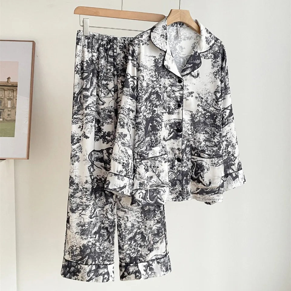 2024 New Design Silk Ladies Pajamas Autumn Elegant Jungle Print Women's Plus Size Sleepwear Long Sleeve Trousers Home Wear Set