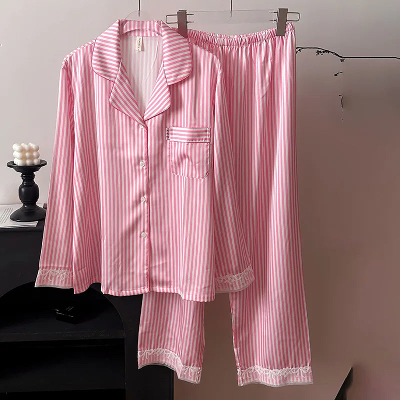 2025 New Breathable Satin Pajamas Women's Striped Long-Sleeved Cardigan Casual Pants Autumn Home Clothes Front for Summer