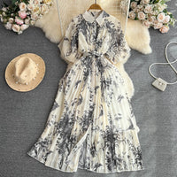 Pleated Casual Dresses Retro Short Sleeves a Line Single Breasted Waist Belt Dress Celebrity Flower Printing Women Clothes