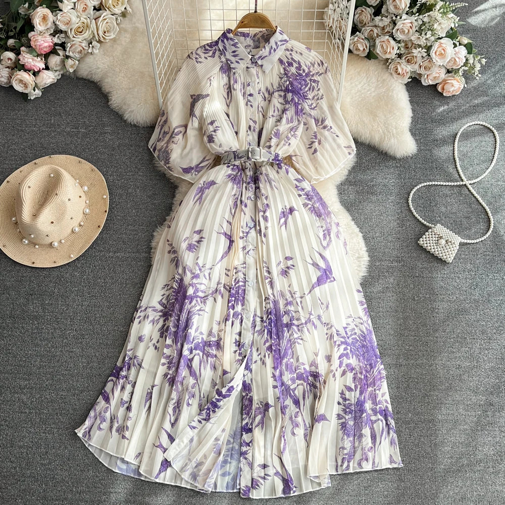 Pleated Casual Dresses Retro Short Sleeves a Line Single Breasted Waist Belt Dress Celebrity Flower Printing Women Clothes
