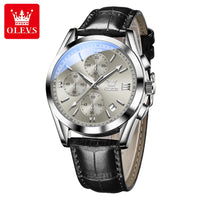 Olevs 2872 Luxury Three-Eye Belt Quartz Watch Stainless Steel Back Custom Wholesale China Men Watch Genuine Leather Strap Watch