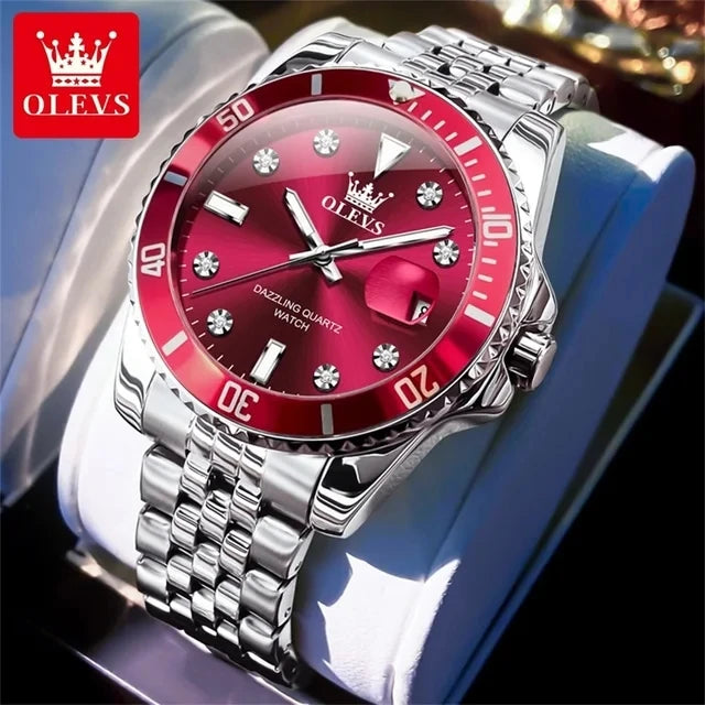 OLEVS 9809 Men's Fashion Business Stainless Steel Green Dial Calendar Display Auto Date Display Watch Charm Quartz Wrist Watches