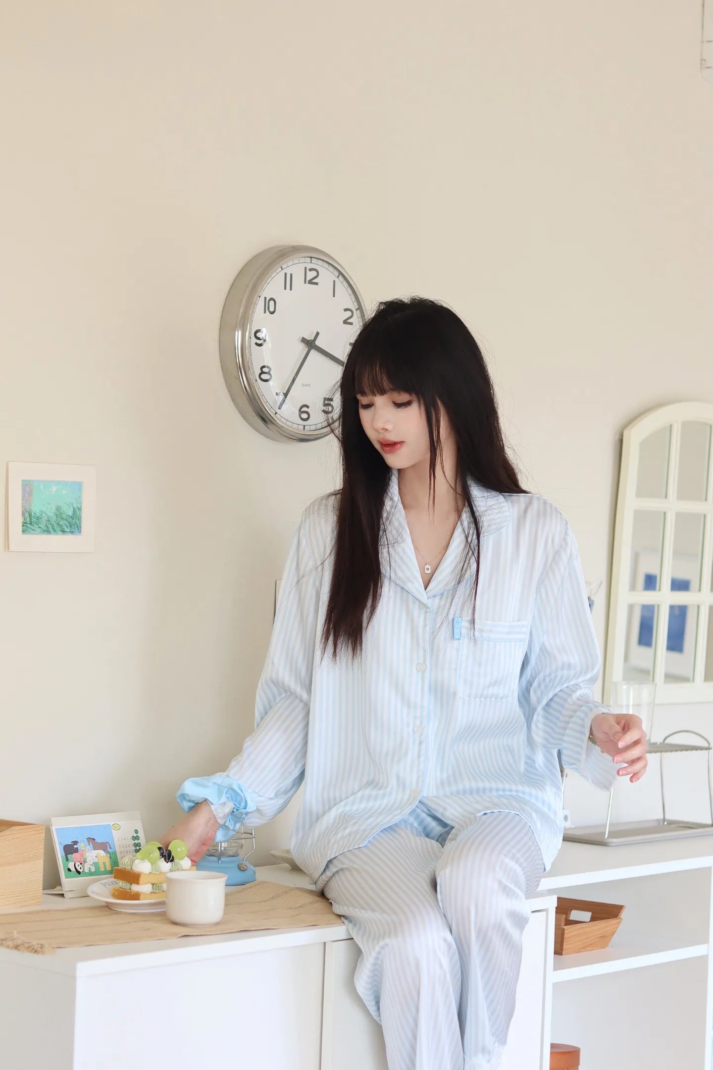 2025 New Breathable Satin Pajamas Women's Striped Long-Sleeved Cardigan Casual Pants Autumn Home Clothes Front for Summer