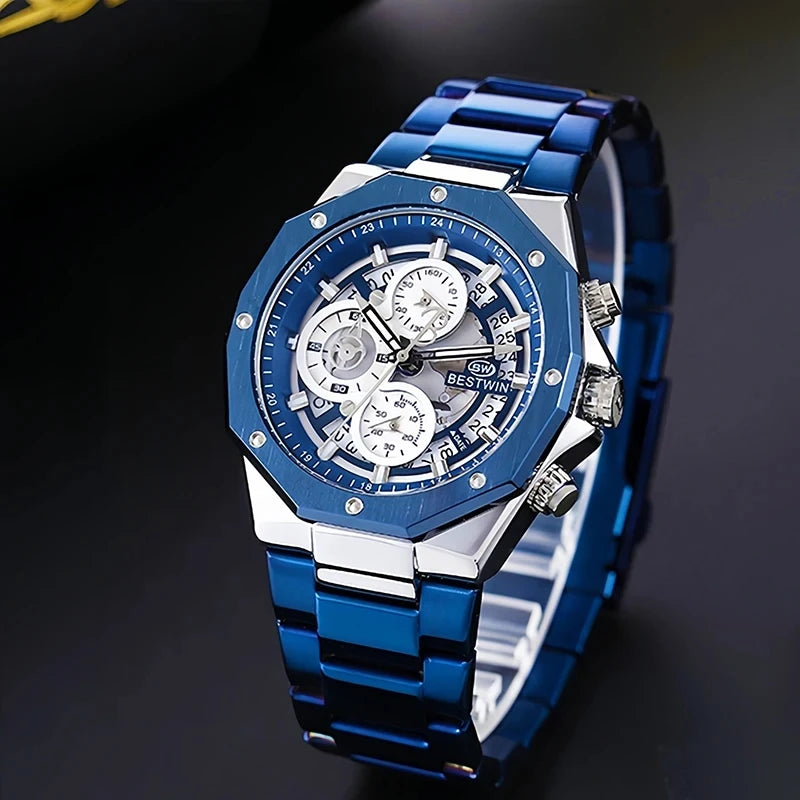 Original BESTWIN Men's Wrist Watches 2026 Top Brand Luxury Stainless Steel Chronograph Gold Men Quartz Watches for Male Clock Dropship
