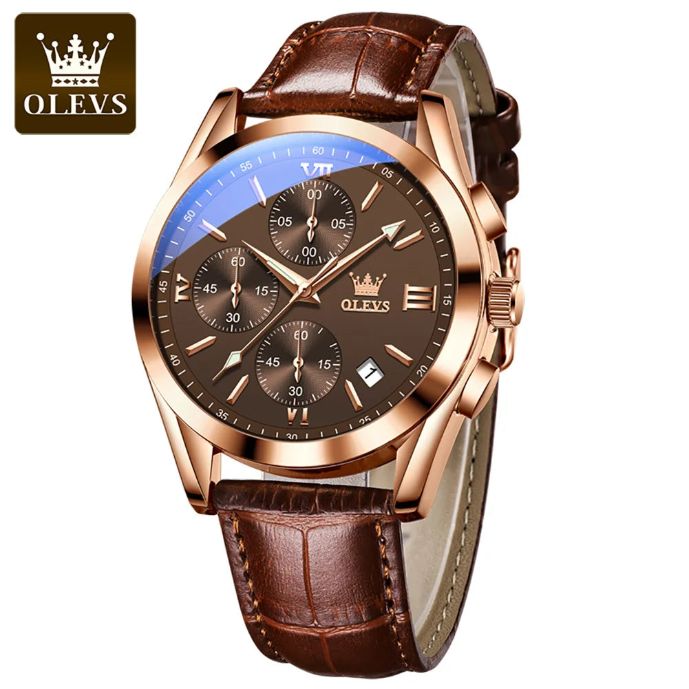 Olevs 2872 Luxury Three-Eye Belt Quartz Watch Stainless Steel Back Custom Wholesale China Men Watch Genuine Leather Strap Watch