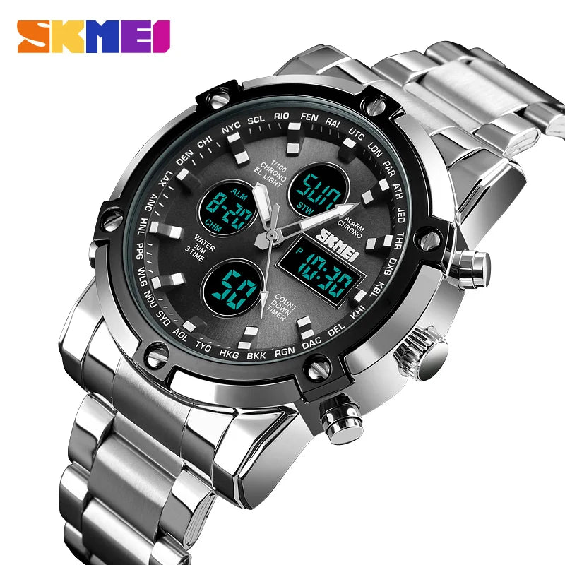 Original SKMEI Digital Quartz Watch Men Three Time Quartz Wrist Mens Watch Countdown Steel Strap Wristwatch Clock Relogio Masculino 1389