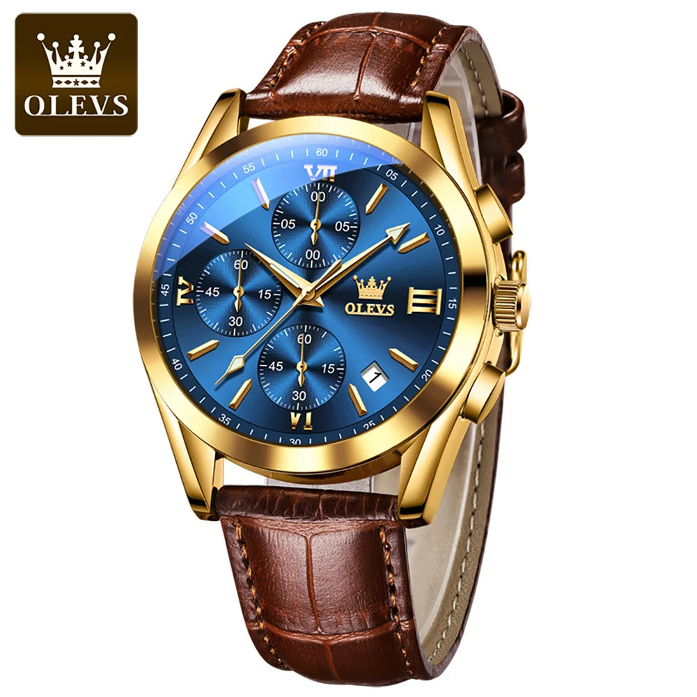 Olevs 2872 Luxury Three-Eye Belt Quartz Watch Stainless Steel Back Custom Wholesale China Men Watch Genuine Leather Strap Watch