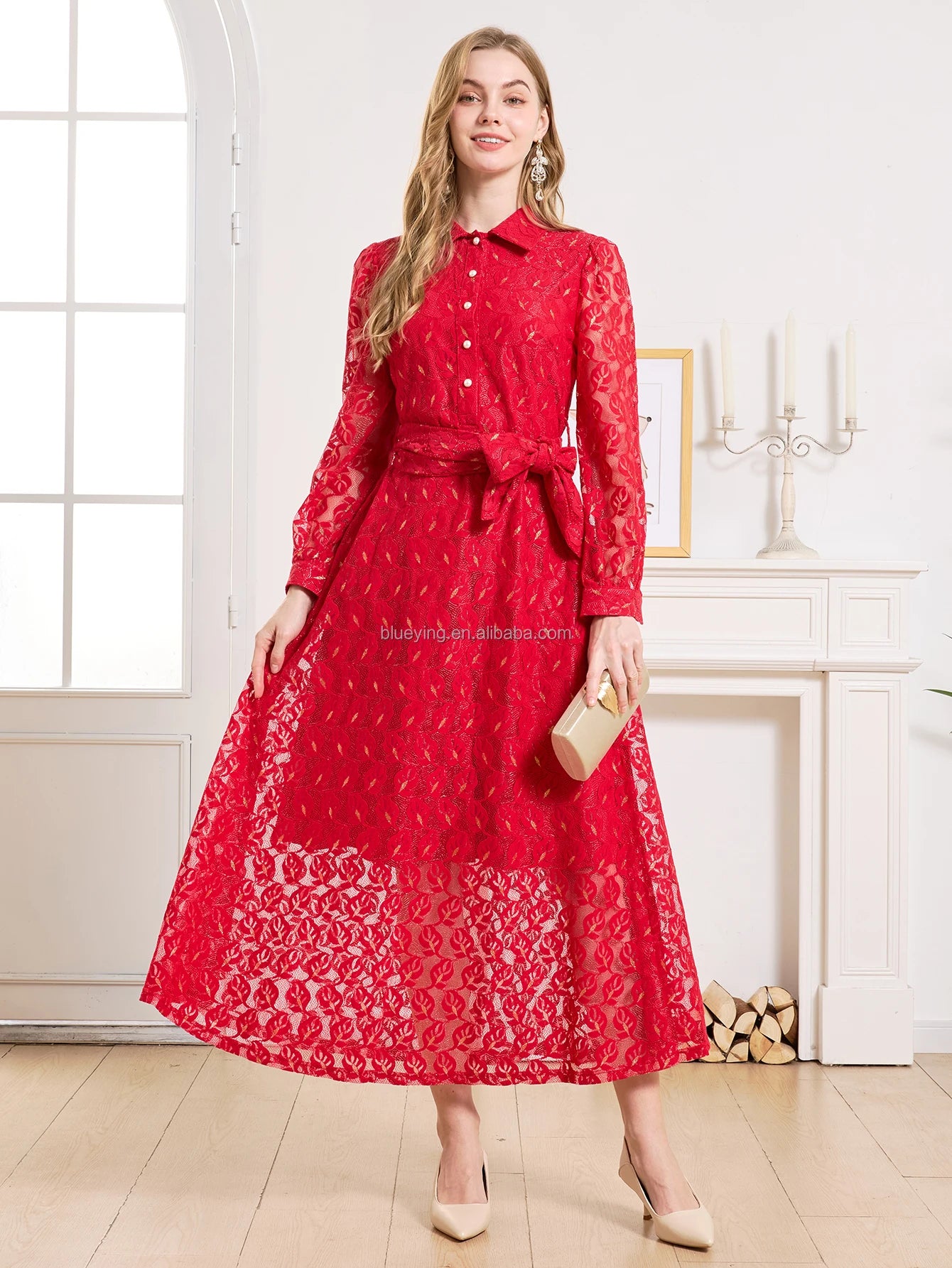 Elegant Women Vintage Party Dress Long Sleeve Turn-down Collar Luxury Casual Style Hollow Lace Vestidos Fashion Casual Clothing