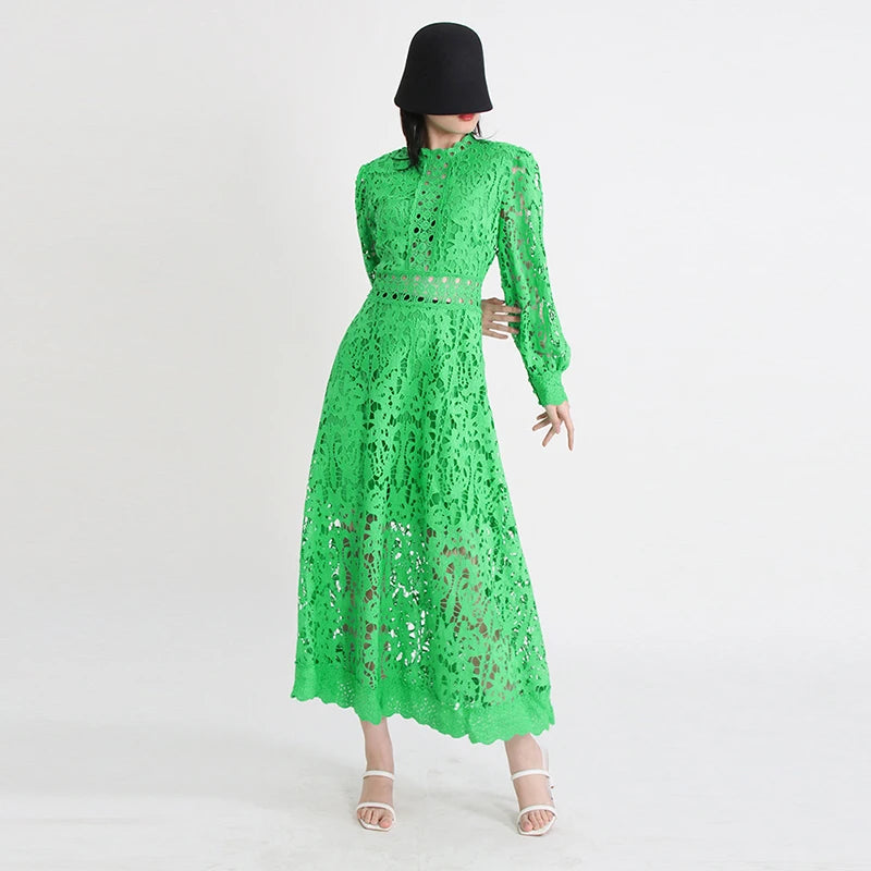 TWOTWINSTYLE Elegant Summer Women Dress Stand Collar Long Sleeve High Waist A-Line Pleated Hollow Out Floor Length Solid