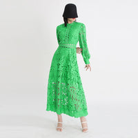 TWOTWINSTYLE Elegant Summer Women Dress Stand Collar Long Sleeve High Waist A-Line Pleated Hollow Out Floor Length Solid