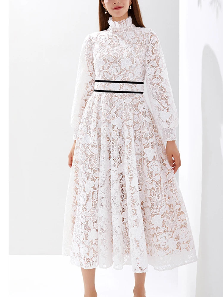 Luxury Women's Elegant White Chiffon Fabric Evening Party Maxi Dress New Long Sleeve Embroidered Vestido with Natural Waistline