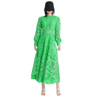 TWOTWINSTYLE Elegant Summer Women Dress Stand Collar Long Sleeve High Waist A-Line Pleated Hollow Out Floor Length Solid