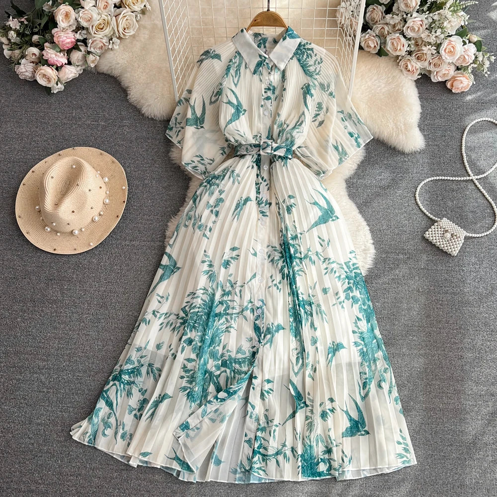 Pleated Casual Dresses Retro Short Sleeves a Line Single Breasted Waist Belt Dress Celebrity Flower Printing Women Clothes