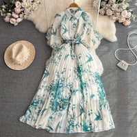 Pleated Casual Dresses Retro Short Sleeves a Line Single Breasted Waist Belt Dress Celebrity Flower Printing Women Clothes