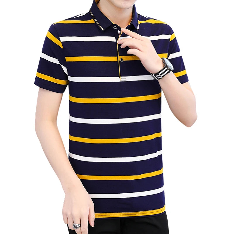 Zeimal Summer New Men's Short Sleeve T-shirt Striped Cotton Thin Business Lapel Polo Shirt