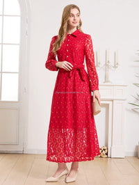 Elegant Women Vintage Party Dress Long Sleeve Turn-down Collar Luxury Casual Style Hollow Lace Vestidos Fashion Casual Clothing