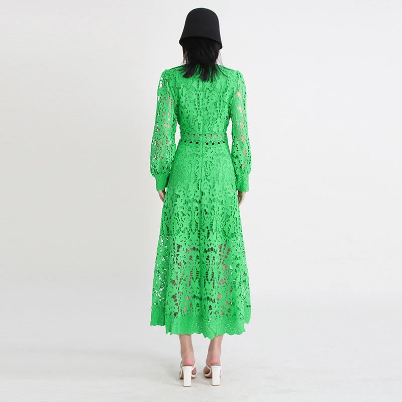 TWOTWINSTYLE Elegant Summer Women Dress Stand Collar Long Sleeve High Waist A-Line Pleated Hollow Out Floor Length Solid