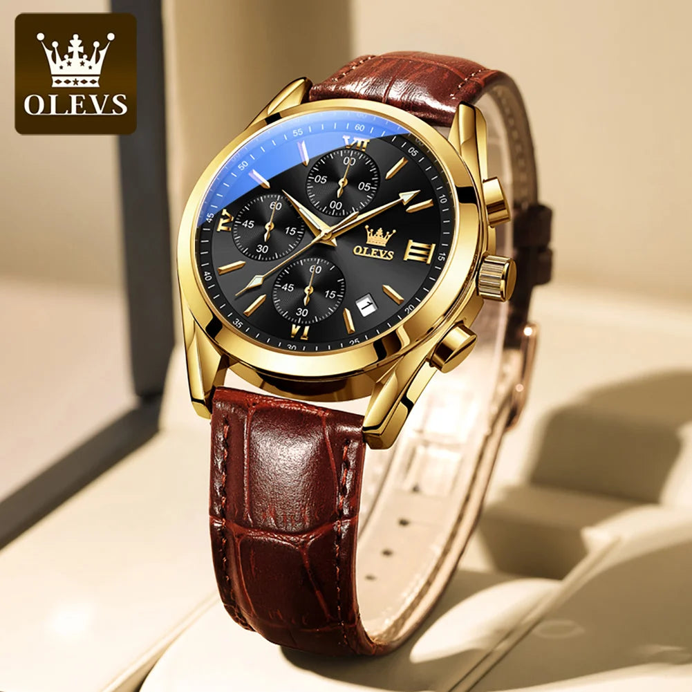 Olevs 2872 Luxury Three-Eye Belt Quartz Watch Stainless Steel Back Custom Wholesale China Men Watch Genuine Leather Strap Watch