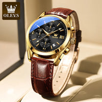 Olevs 2872 Luxury Three-Eye Belt Quartz Watch Stainless Steel Back Custom Wholesale China Men Watch Genuine Leather Strap Watch