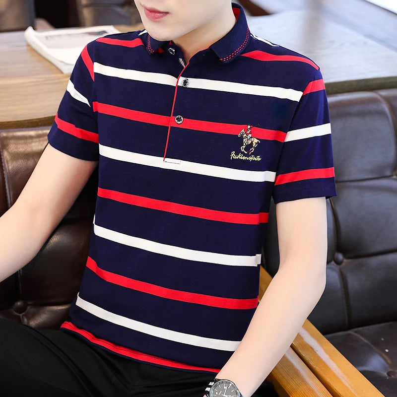Zeimal Summer New Men's Short Sleeve T-shirt Striped Cotton Thin Business Lapel Polo Shirt