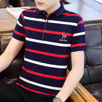 Zeimal Summer New Men's Short Sleeve T-shirt Striped Cotton Thin Business Lapel Polo Shirt