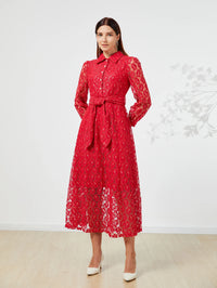 Elegant Women Vintage Party Dress Long Sleeve Turn-down Collar Luxury Casual Style Hollow Lace Vestidos Fashion Casual Clothing