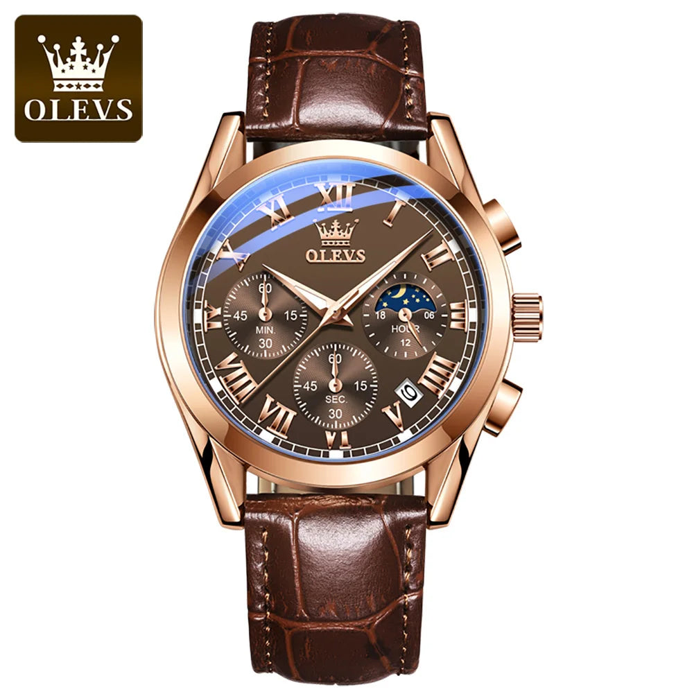 Olevs 2871 Oem logo Luxury Fashion Glass moon Quartz Analog Leather Casual Leather Strap Men Wristwatch Quartz Watch for Man