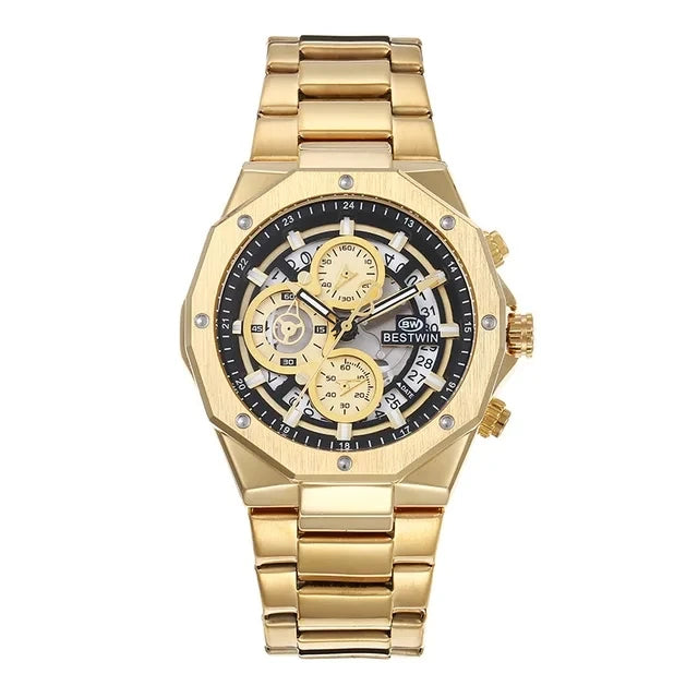 Original BESTWIN Men's Wrist Watches 2026 Top Brand Luxury Stainless Steel Chronograph Gold Men Quartz Watches for Male Clock Dropship