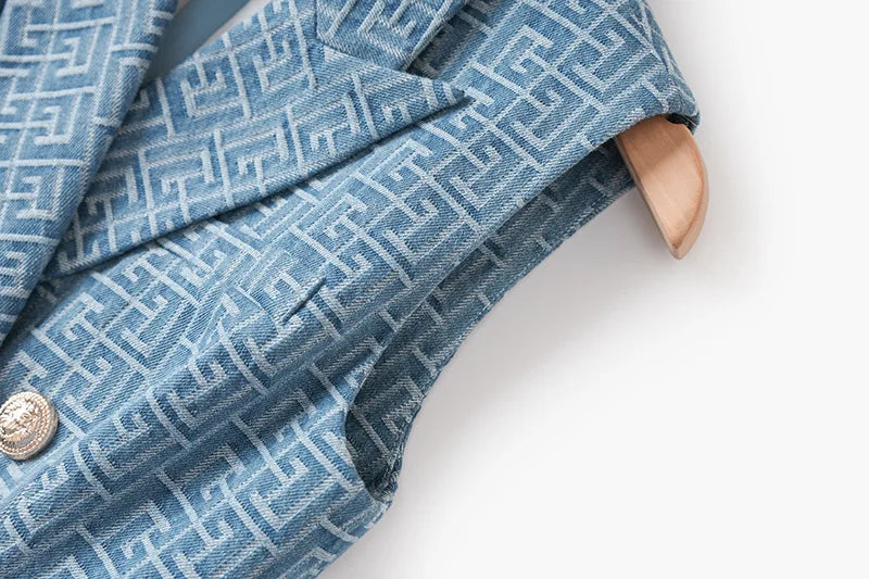 Summer Vintage Style Geometric Pattern Lady Notched Sleeveless Cloth Women Slim Office Double-breasted Blazer Dress With Belt