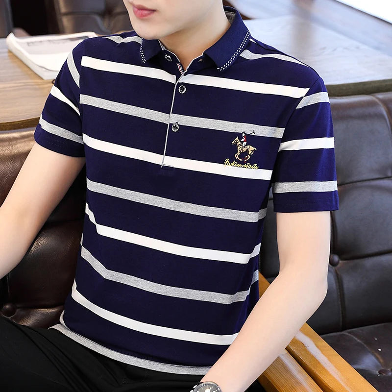 Zeimal Summer New Men's Short Sleeve T-shirt Striped Cotton Thin Business Lapel Polo Shirt