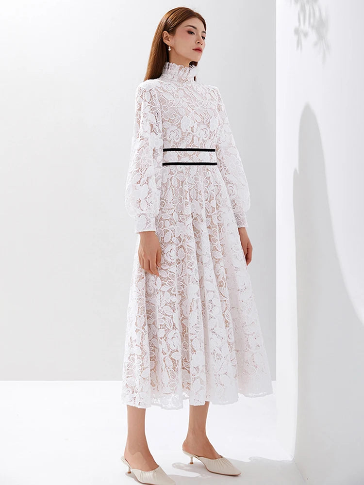 Luxury Women's Elegant White Chiffon Fabric Evening Party Maxi Dress New Long Sleeve Embroidered Vestido with Natural Waistline